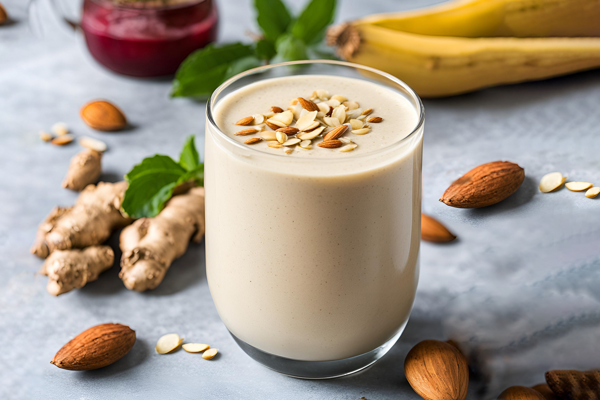Delicious almond smoothie recipe with ginger and tulsi