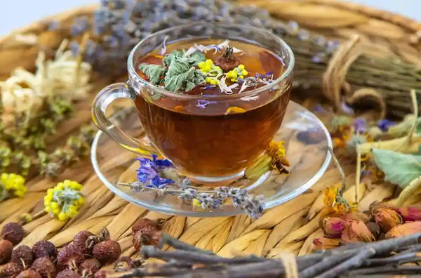 A warm cup of herbal tea next to dried herbs and flowers, highlighting a blend of nature's flavors.