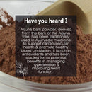 Arjuna Bark Powder: Did you know fact card highlighting its Ayurvedic use for cardiovascular health, blood circulation, hypertension management, and heart function improvement.