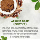 Arjuna Bark Powder introduction slide describing it as Terminalia Arjuna, an Ayurvedic herb valued for its wide range of health and skincare benefits, shown with bark pieces and powder.
