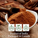 Arjuna Bark Powder in a white bowl with bark pieces and wooden scoop, showing Vegan, 100% Organic, and Gluten-Free certifications. Product of India, Packaged in Canada.