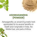 Ashwagandha Powder introduction slide describing it as an ancient Ayurvedic herb originating from India, the Middle East, and parts of Africa.