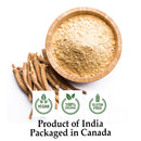Ashwagandha Powder in a wooden bowl with roots, showing vegan, 100% organic, and gluten-free certifications. Product of India, packaged in Canada.