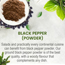 Black Pepper (Piper Nigrum) Powder product intro slide emphasizing its woody flavor and versatility across salads and continental cuisines worldwide, displayed with whole peppercorns and fresh pepper vine leaves.


