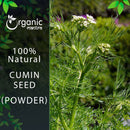 Organic Mantra 100% natural Cumin Seed Jeera Powder product image featuring a live cumin plant in bloom with delicate white flowers and feathery green stems.