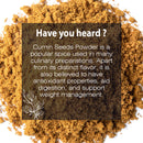 Cumin Seed Jeera Powder fun fact card showcasing its antioxidant properties, digestive benefits, and role in weight management alongside culinary uses.