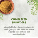 The Cumin Seed Jeera Powder product slide describes its essential role in Indian cuisine for flavor and aroma, displayed in a wooden bowl with fresh cumin plant sprigs.