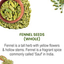 Fennel Seeds Whole Saunf product info card on a white background with a wooden bowl overflowing with large green seeds, a fresh fennel umbel stem, and a wooden spoon, describing fennel as a fragrant Indian spice called "Sauf" from a tall herb with yellow flowers and hollow stems.