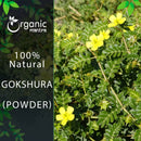 Organic Mantra 100% Natural Gokshura Powder product banner with a brand logo on a dark leafy left panel beside a vivid outdoor close-up photograph of a low-growing Tribulus terrestris plant with small paired oval green leaves, spiky round seed pods, and bright four-petaled yellow flowers blooming across the frame.