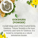 Gokshura Powder product info card on a light grey stone-textured background with a white bowl and spoon of grey-green powder at the top left, surrounded by spiky raw Gokshura fruits, bright yellow Tribulus terrestris flowers, and scattered green leaves, describing Gokshura as a Crowfoot family plant also known as Tribulus terrestris and widely marketed as a natural testosterone booster.