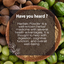 A Haritaki powder awareness card detailing its multi-faceted herbal benefits spanning digestive support, cognitive function enhancement, and overall wellness, set against dried and fresh Haritaki fruits.