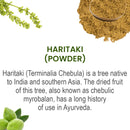 Haritaki Terminalia Chebula Powder product intro slide describing it as a chebulic myrobalan fruit native to India and Southern Asia with deep Ayurvedic roots, shown with fresh green fruits and loose powder.