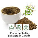 Organic Krishna Tulsi Holy Basil Powder in a white ceramic bowl beside a loose powder mound and a fresh purple-stemmed tulsi sprig with flower buds, certified vegan, 100% organic, and gluten-free. India-grown, Canada-packaged.