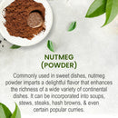 Nutmeg Jaiphal Powder product intro slide on a stone surface with scattered green leaves and a wooden spoon, describing its warm flavor use in soups, stews, steaks, hash browns, and curries.