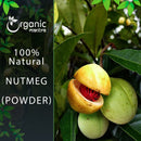 Organic Mantra 100% natural Nutmeg Powder product image showing a ripe nutmeg fruit splitting open on the tree to reveal the bright red mace wrapping around the inner seed.
