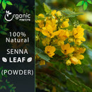Organic Mantra 100% natural senna leaf powder product image highlighting a vibrant cluster of bright yellow senna flowers in full bloom against rich green foliage.