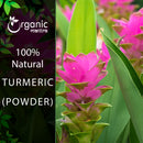Organic Mantra 100% natural Turmeric Powder product image showing the live turmeric plant with vibrant pink flowers and green leaves.